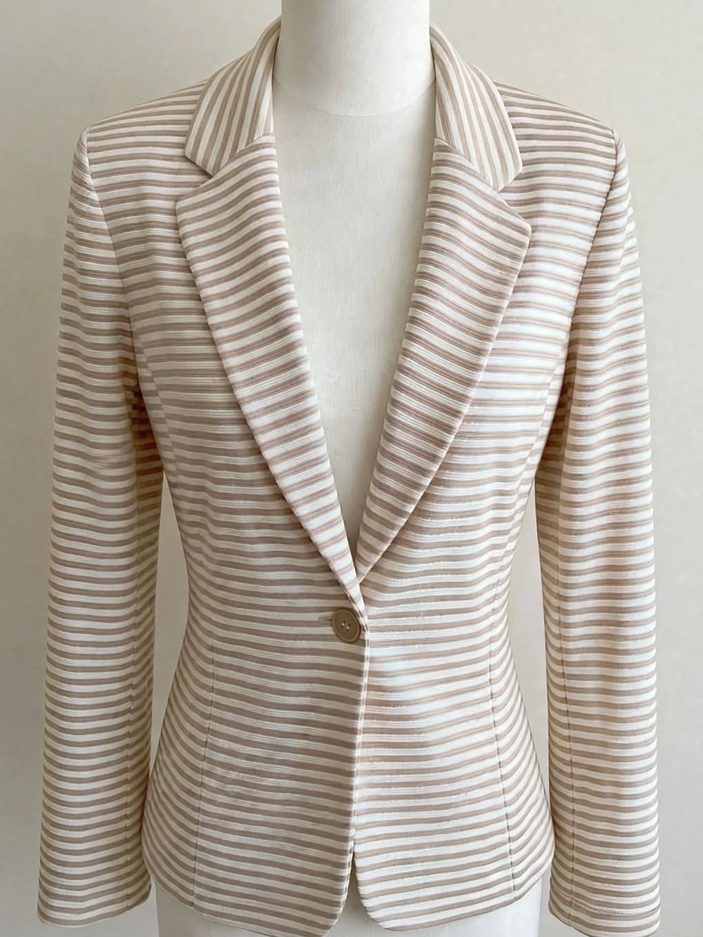 Calvin Klein Khaki White Pinstripe Blazer Rib Knit Stretch Size 8